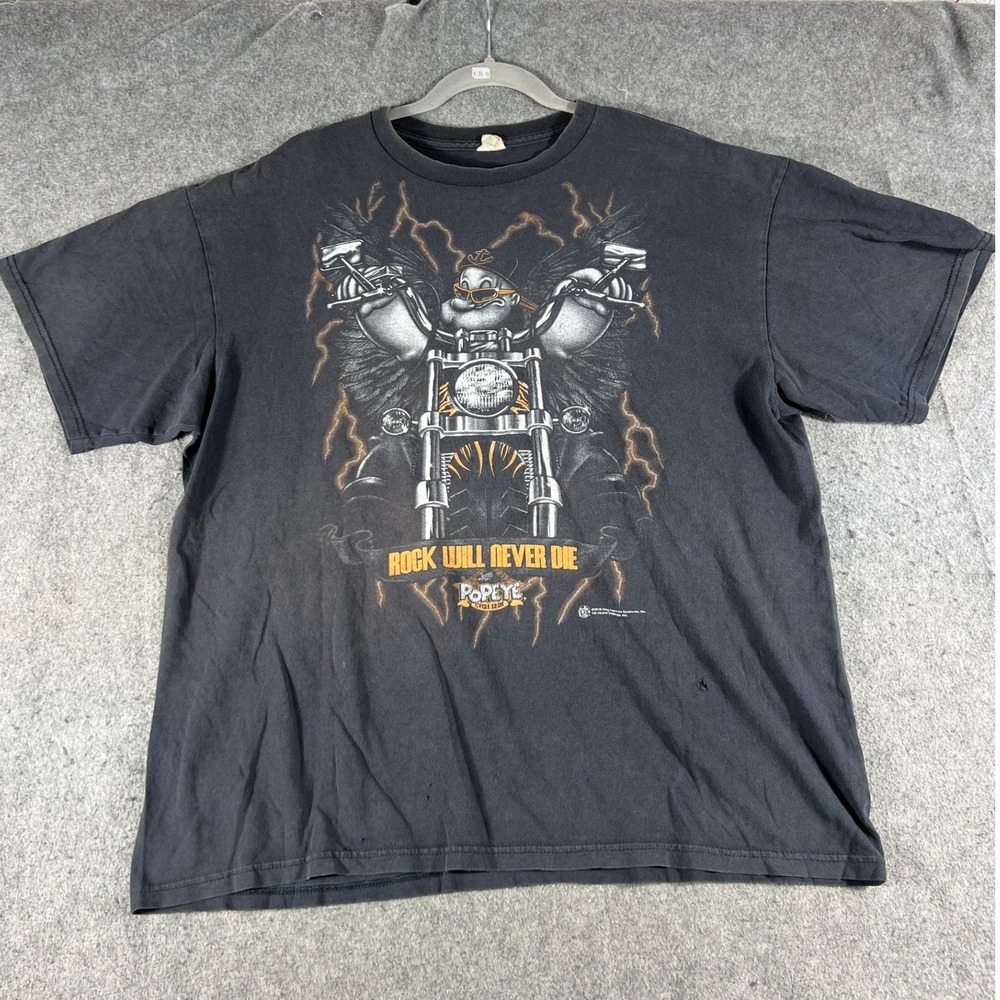 VTG Cycle Club Biker T Shirt Sz XL Black Orange Lightning AOP Graphic Faded Tee - Picture 1 of 11